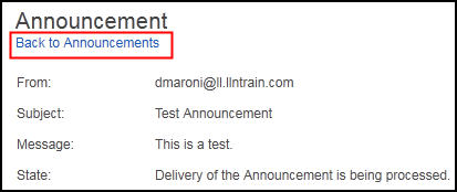 screenshot of "Back to Announcements" dialog