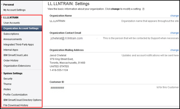 The navigation pane is on the left side of the main SmartCloud for Social Business administration page.