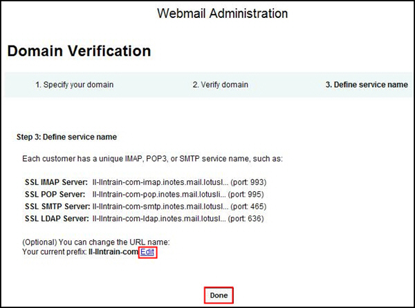 Click the edit link to change the prefix for your service server URLs. Click the Done button when you are finished.