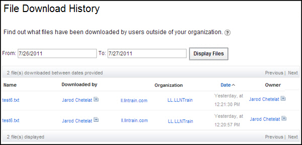 The list of files downloaded between the dates that you specified is displayed.