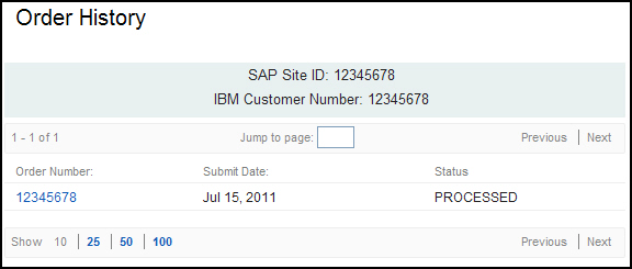 The order history page shows a list of the orders for your organization, sorted by order number, along with the submit date and status.