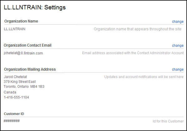 The settings page displays your company's name, contact email, mailing address, and customer ID.