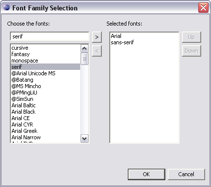 Font Family Selection dialog
