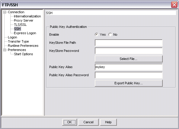 SSH configuration window for an sftp session