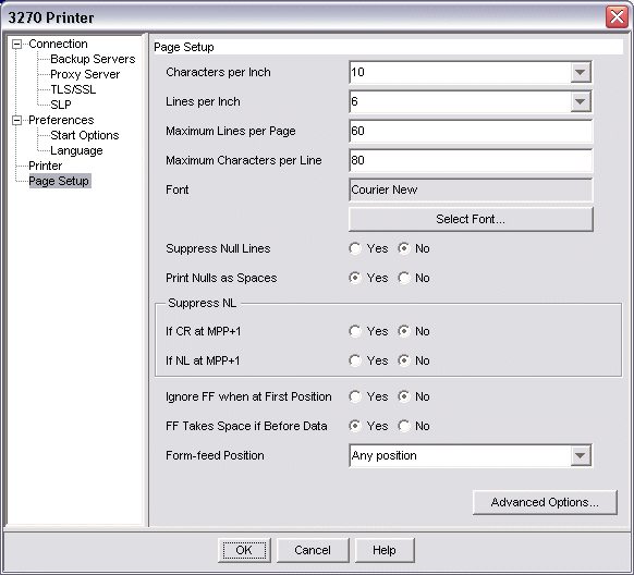 Page setup options for a 3270 Print session