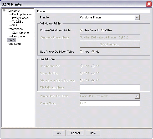 Printer setup options for a 3270 Print session