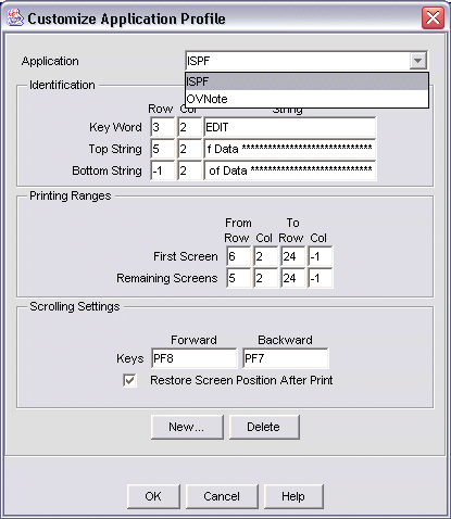 Customize Application Profile window