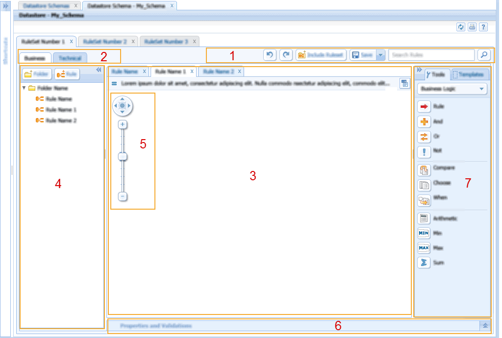 This image the CER Editor,each section of the CER Editor is highlighted.