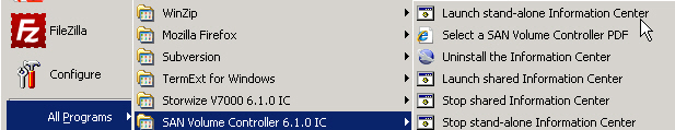Options on the SAN Volume Controller Information Center menu